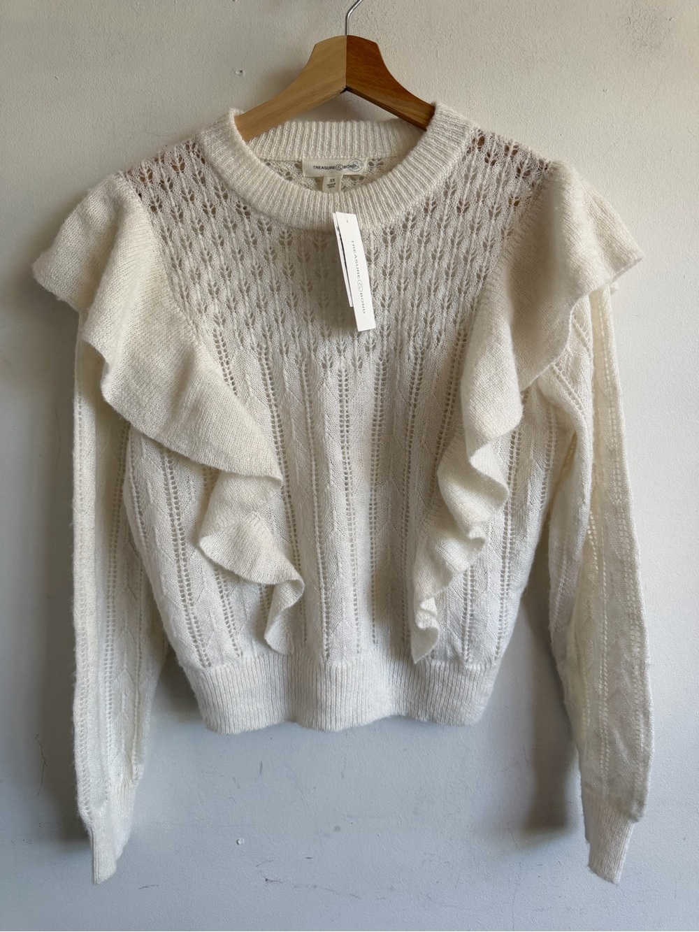 Treasure & Bond Cream Ruffle Crewneck Sweater